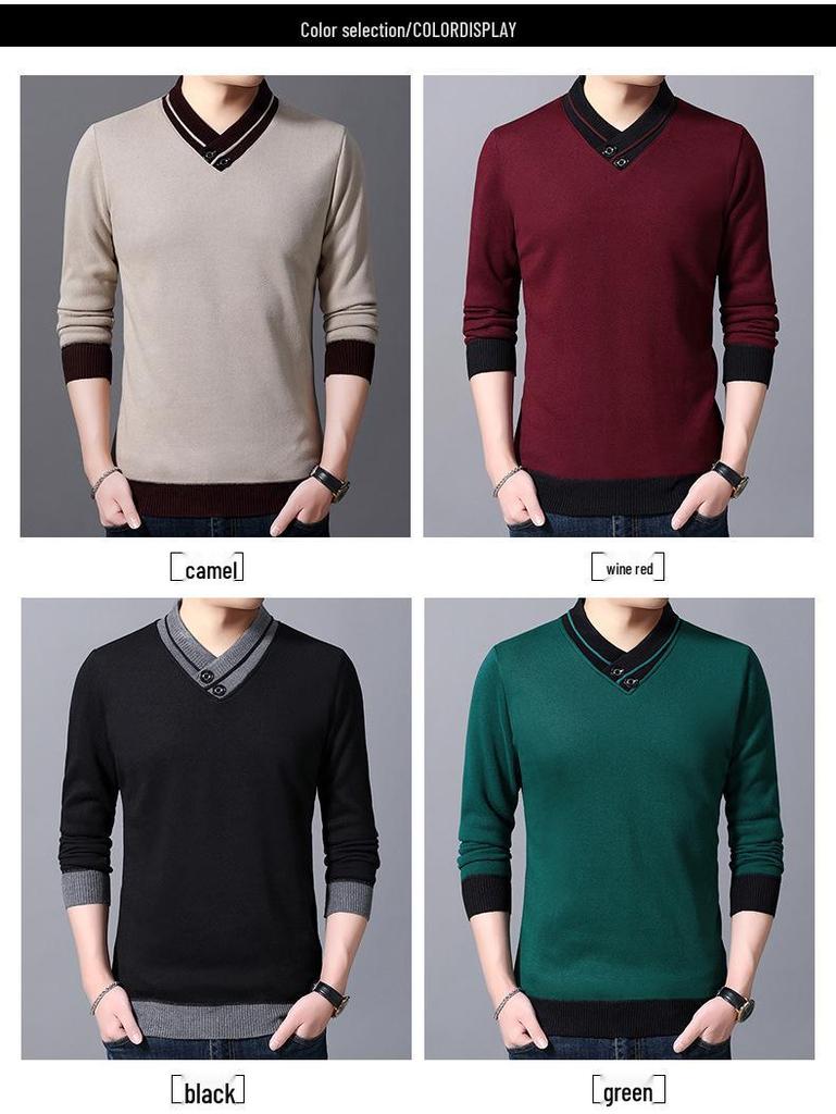 Men's Argyle V-neck Plus Velvet Knitwear - Warm, Soft, and Versatile Base Layer for Autumn and Winter