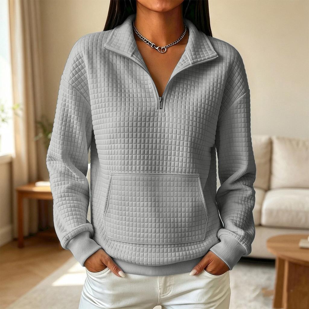 Women's Comfortable Loose Fit Knit Zip Up Sweatshirt with Stand Collar Long Sleeve Paneled Color