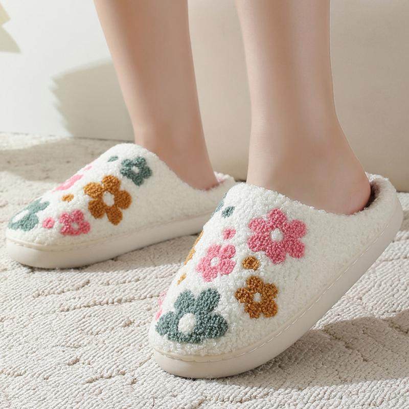 Fashion Round Toe Floral Cotton Slippers Women Winter Faux Fur Warm Slides Woman Comfortable Soft Insoles Non Slip Plush Shoes Ladies