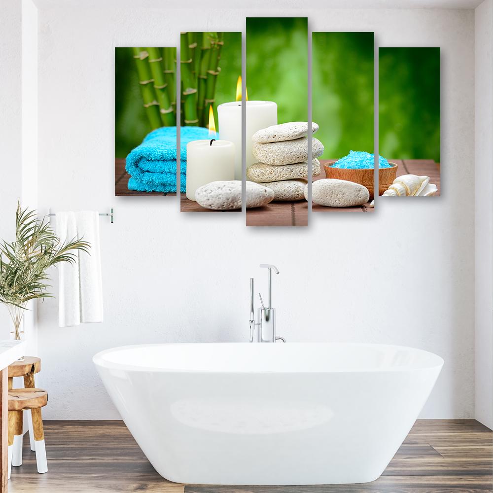 Five Piece Picture Canvas Print Zen Candle Bamboo Stone