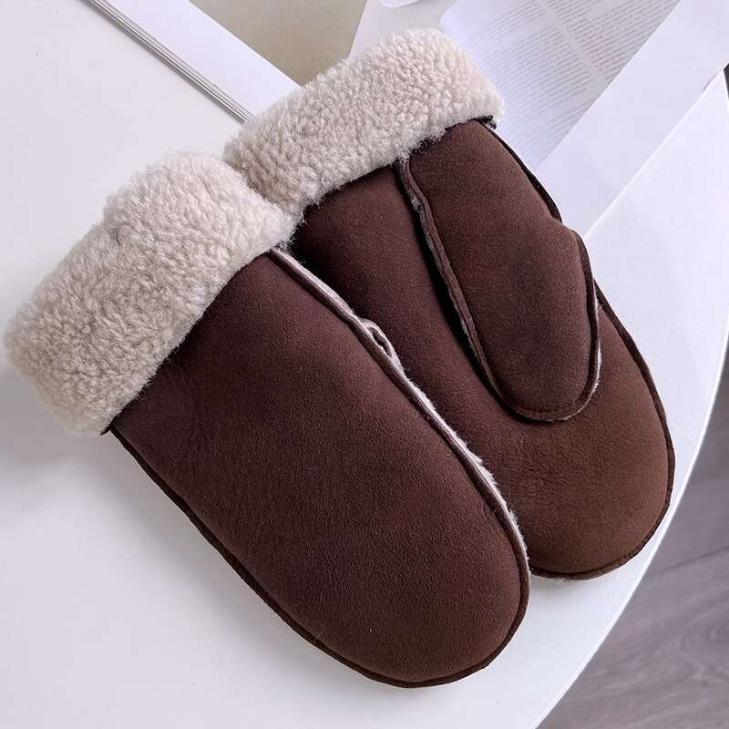 

Genuine Leather Wool Gloves Women Leather Gloves Thickened Warm Windproof Cycling Gloves Buckskin Texture Sheepskin Gloves One Size коричневий