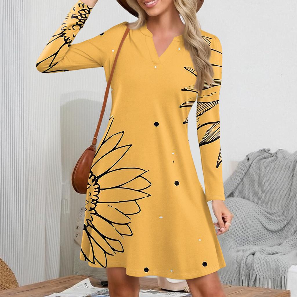 Women's Fashion Floral Print V-Neck Long Sleeve  Dress