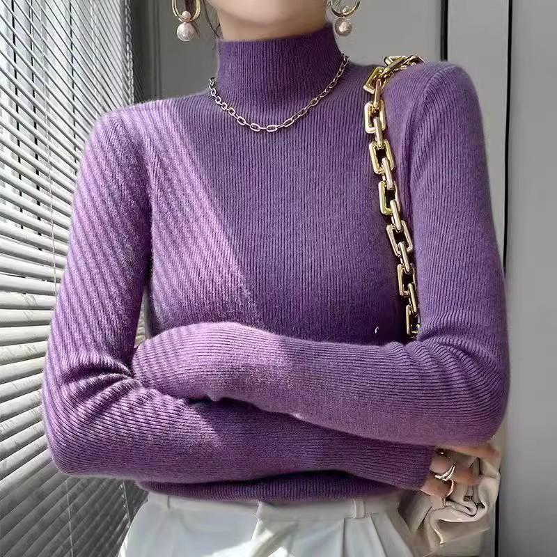 Women's Autumn Winter Solid Color Base Layer Korean Style Long Sleeve Pullover Knit Top Half-High Neck Slim-Fit Slimming Inner Wear Sweater
