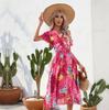 Floral Print Women Summer Dress Belted V Neck Short Sleeve Wrinkle Free