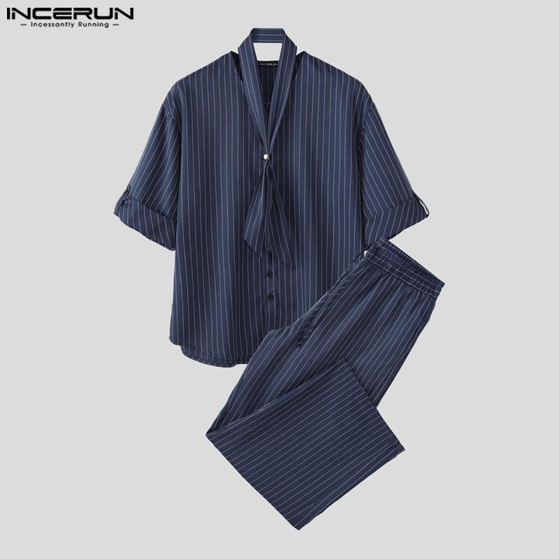 INCERUN 2PCS Men Tie Up Neck Short Sleeve Shirt Long Straight Pants Striped Sets