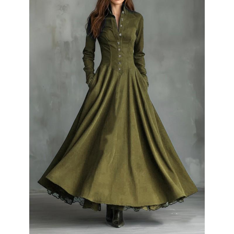 Elegant French Vintage Inspired Faux Suede Lace Trim Knit Midi Dress With Button Front Long Sleeve