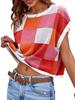 Women's Color Block Cropped Knit Top Cap Sleeve Crew Neck Summer Short Sweater