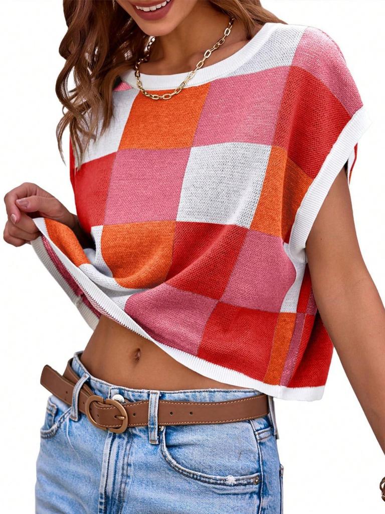 Women's Color Block Cropped Knit Top Cap Sleeve Crew Neck Summer Short Sweater