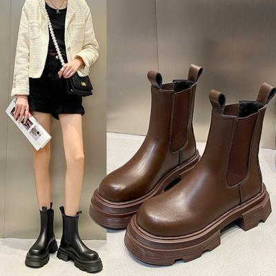 New Autumn Style Big-head Thick Sole Mid-tube Boots Coffee Color and Black Chelsea Short Boots Martin Boots