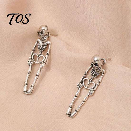 Hypoallergenic Punk Skeleton Jewelry 2Pcs Earrings for Women, Gothic Alloy Drop Earrings, Trendy Grunge Style Skull Dangle Halloween Party &