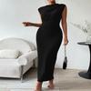 Padded Shoulder Pleated Waist Slim Sleeveless Long Women's Dresses