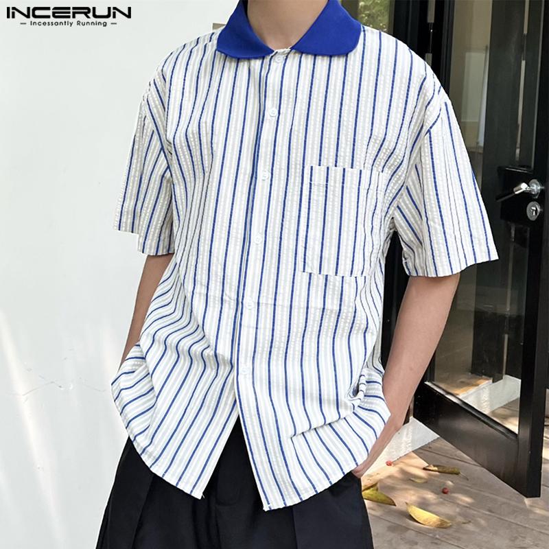 

INCERUN Men Short Sleeve Shirts Lapel Stitching Striped Loose Shirts S