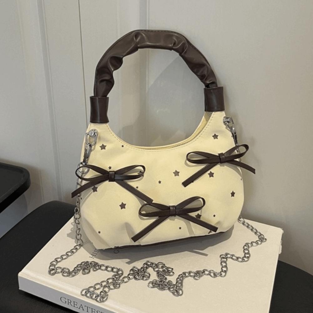 Polyester Women Shoulder Bag Bowknot Decor Polka Dot Pattern Handheld Purse Korean Style Ladies Handbag Street Matching