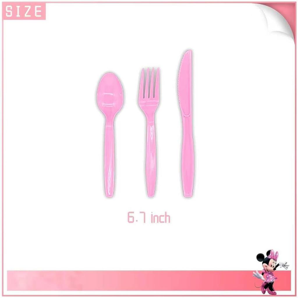 62 Psc For Minnie Birthday Party Supplies Set, Pink Theme, with Banner, Plates, Cups, Utensils, Napkins, Tablecloth