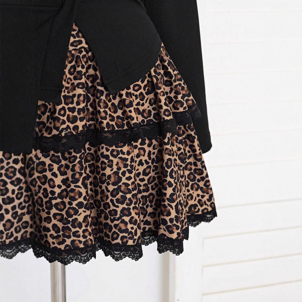Women's Leopard Print Two-Piece Set: Top with High-Waisted Flare Mini Skirt for Autumn/Winter