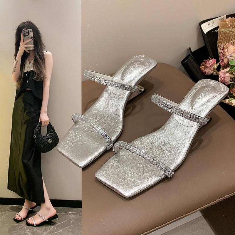 Fashion Summer New Style Fashion Comfortable Casual Sandals Square Toe Rhinestone Wear-resistant Slippers Slippers Women  Womens Shoes