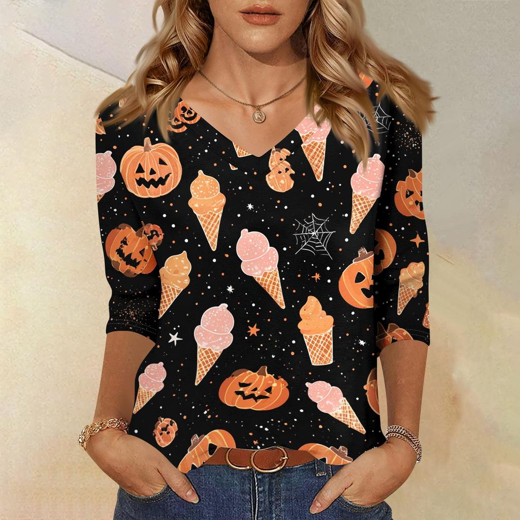 Women's Casual Halloween Print V Neck Three Quarter Sleeve Top Lightweight Soft Fabric Stylish Fit Comfortable Design