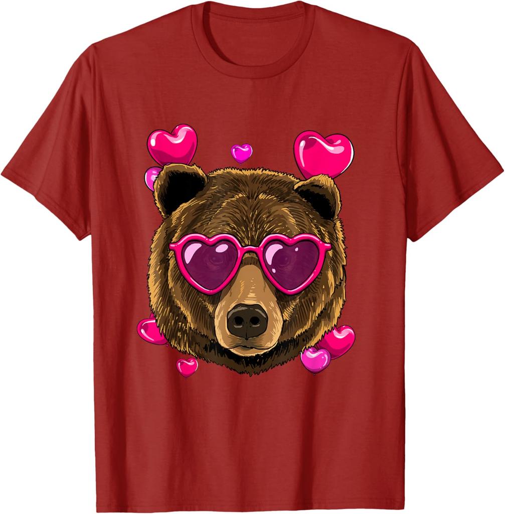 Bear Wearing Heart Sunglasses Valentines Day Graphic T-Shirt Casual Cotton Crewneck Tee