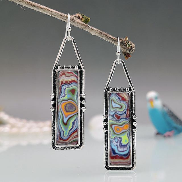 

Женские серьги-капли в стиле бохо с разноцветными камнями, винтажные висячие серьги со спиральным мраморным узором и геометрическим узором, обручальное кольцо, ювелирные изделия