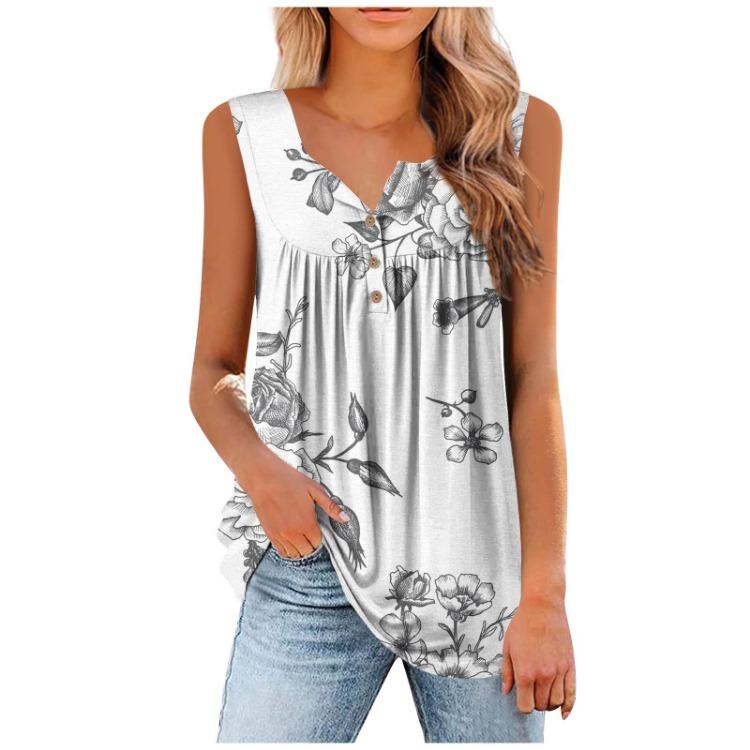 Floral Print Women's Casual Sleeveless Pleated Button Vest T-shirt Top