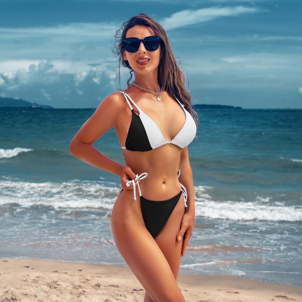 CHARMLEAKS Damski strój kąpielowy bikini Trójkątny sznurek Kolorowy blok Seksowne dwuczęściowe kostiumy kąpielowe z dekoltem w kształcie litery V