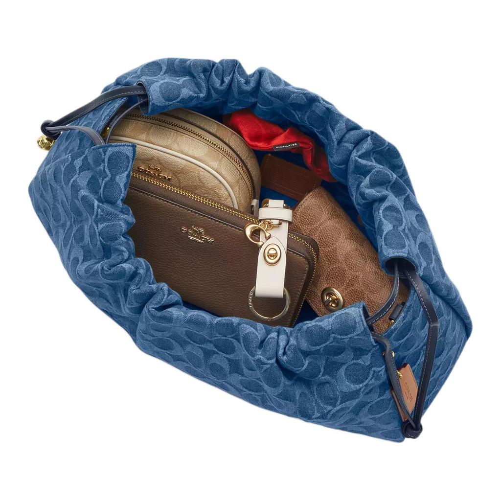 Coach Faye 11 Jacquard Design Metal Accents Iconic Denim And Vachetta Leather Shoulder Bag Large Women Shoulder Bag Light-Blue CDB97-IMTY