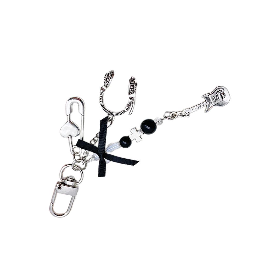 Sweet and Cool Heart Keychain with Guitar Bass and Bowknot Beautiful Keychains Unique Beaded Pendant Key Chain