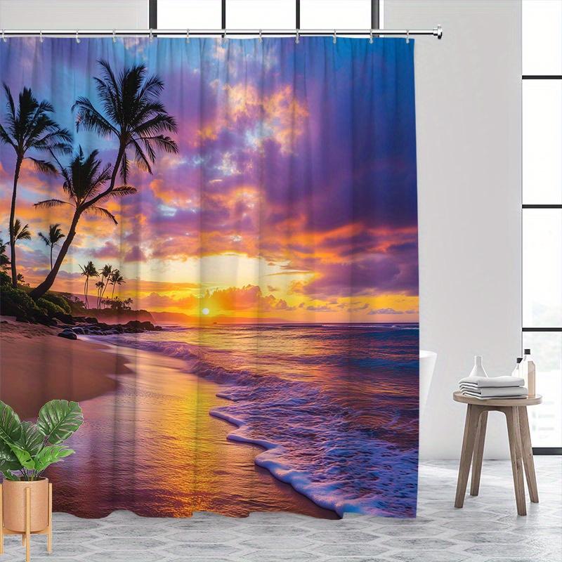 Tropical Beach Sunset Shower Curtain - Palm Trees, Waves, Washable Polyester with Hooks