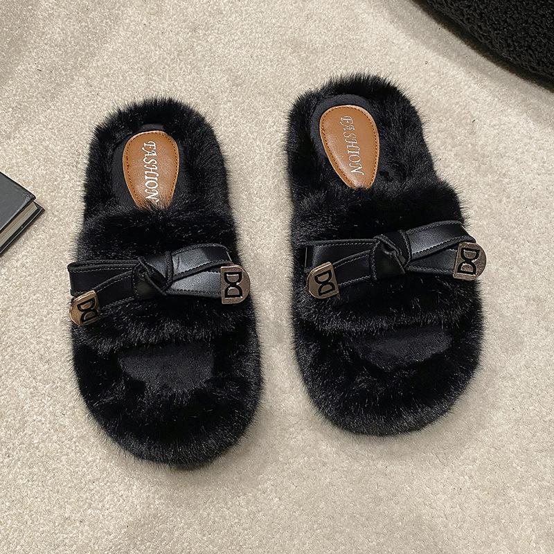 Nischendesign flauschige Hausschuhe Damen Outdoor 2025 Frühling und Herbst neu High-End dicker Boden erhöhend Ein-Wort Baumwollhausschuhe