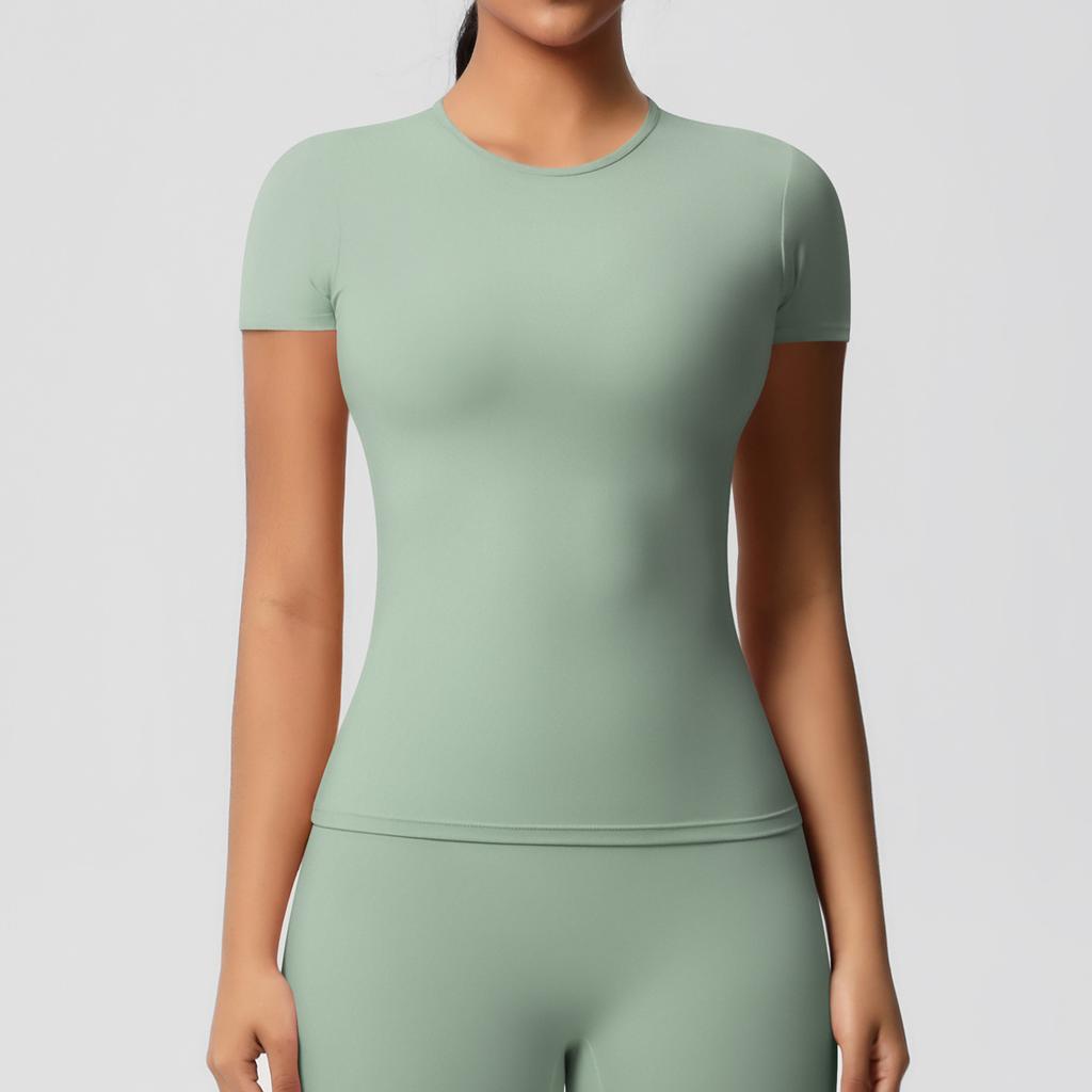 Solid color double-sided abraded tight sports short-sleeved T-shirt sports running fitness yoga clothes top women