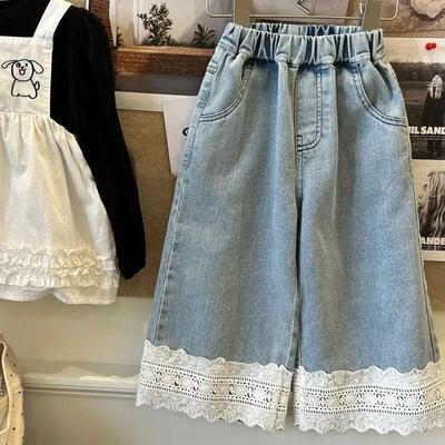 Flickor Raka Spetsjeans Sommar Barns Mångsidiga Vida Ben Byxor Söta Vardagsbyxor Mode Flickjeans Kläder