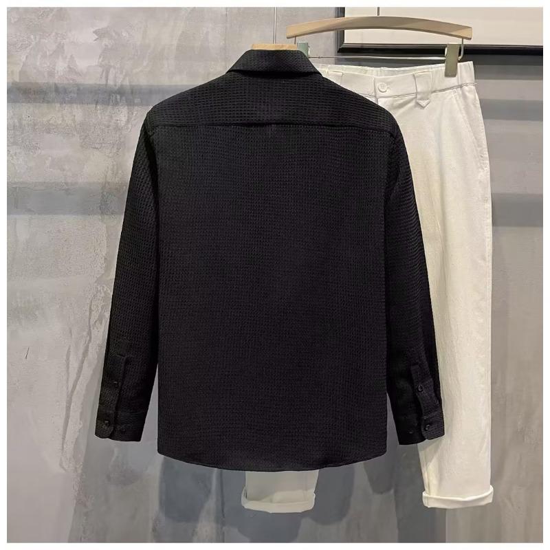 Men's Waffle Knit Long Sleeve Shirt Casual Button Down Streetwear Top