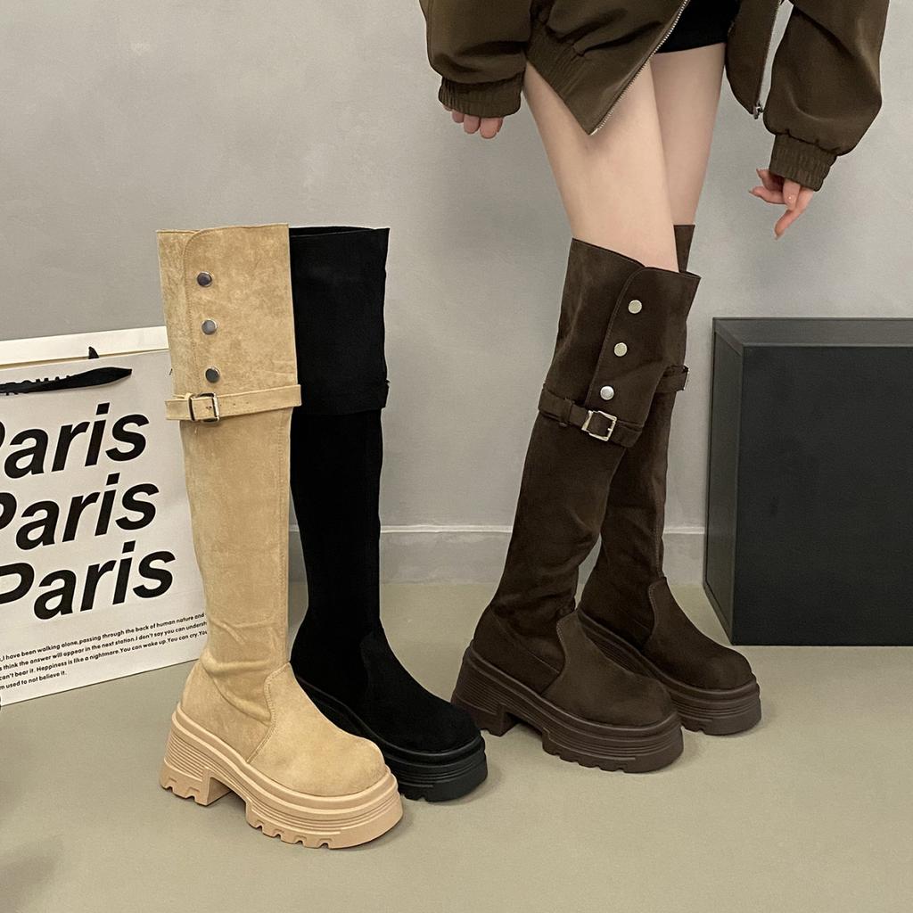 British style two wearing knight boots women's spring and autumn new thick-soled thick-heeled knight boots belt buckle knee boots