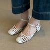 Sheepskin version~ Hollow leather bag head shoes women's French one-word with breathable thick heel Roman sandals women's summer wear