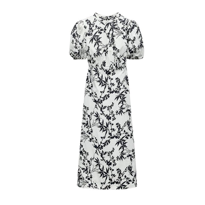 

Spring New Arrival French Socialite Puff Short Sleeve Tight Waist Slimming Retro Print Long Dress 5216243 White L