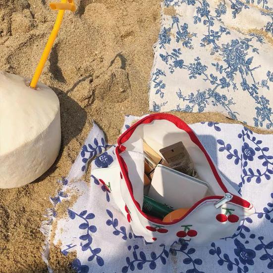 Organizzatore per Rossetti Ricamo Ciliegie Lavorazione Raffinata Tela Cerniera Stampa Borsa Cosmetica per Trucco per le Vacanze