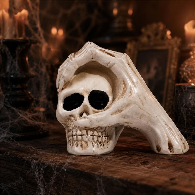 Resin Skull Figure for Halloween Display, Hand Over Skull Accent with Clear Bone Texture for Shelf Spots, Window Styling and Party Corner Use
