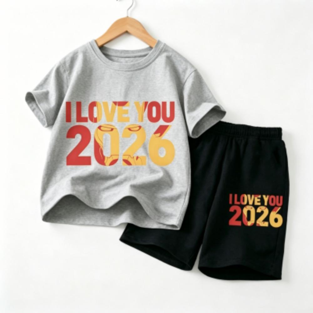 Fashion Letters I Love You 2026 Print Outdoor Street Kids T-shirt and Shorts Summer Home Casual Outfit Boy and Girl's Sports Set