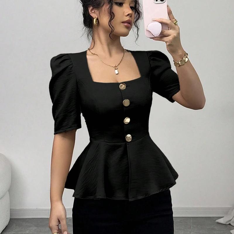 Women's Square Neck Short Sleeve Button Blouse Solid Color Fitted Casual Summer Top