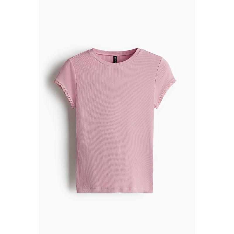 

HM Women s T-shirt 2025 Autumn New Arrival Wave Style Wear Wear Silm Soft Lace Edge Rib T-shirt 1259418