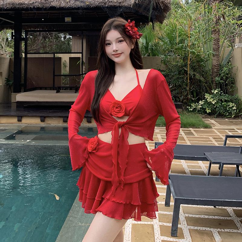 

2026 Women s Sexy Big Red Two-Piece Floral Mesh Swimsuit for Hot Springs Resort XL червоний