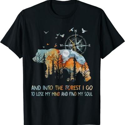 Bear and Compass Graphic T-Shirt 100% Cotton O-Neck Short Sleeve Summer Casual Mens T-shirt Streetwear