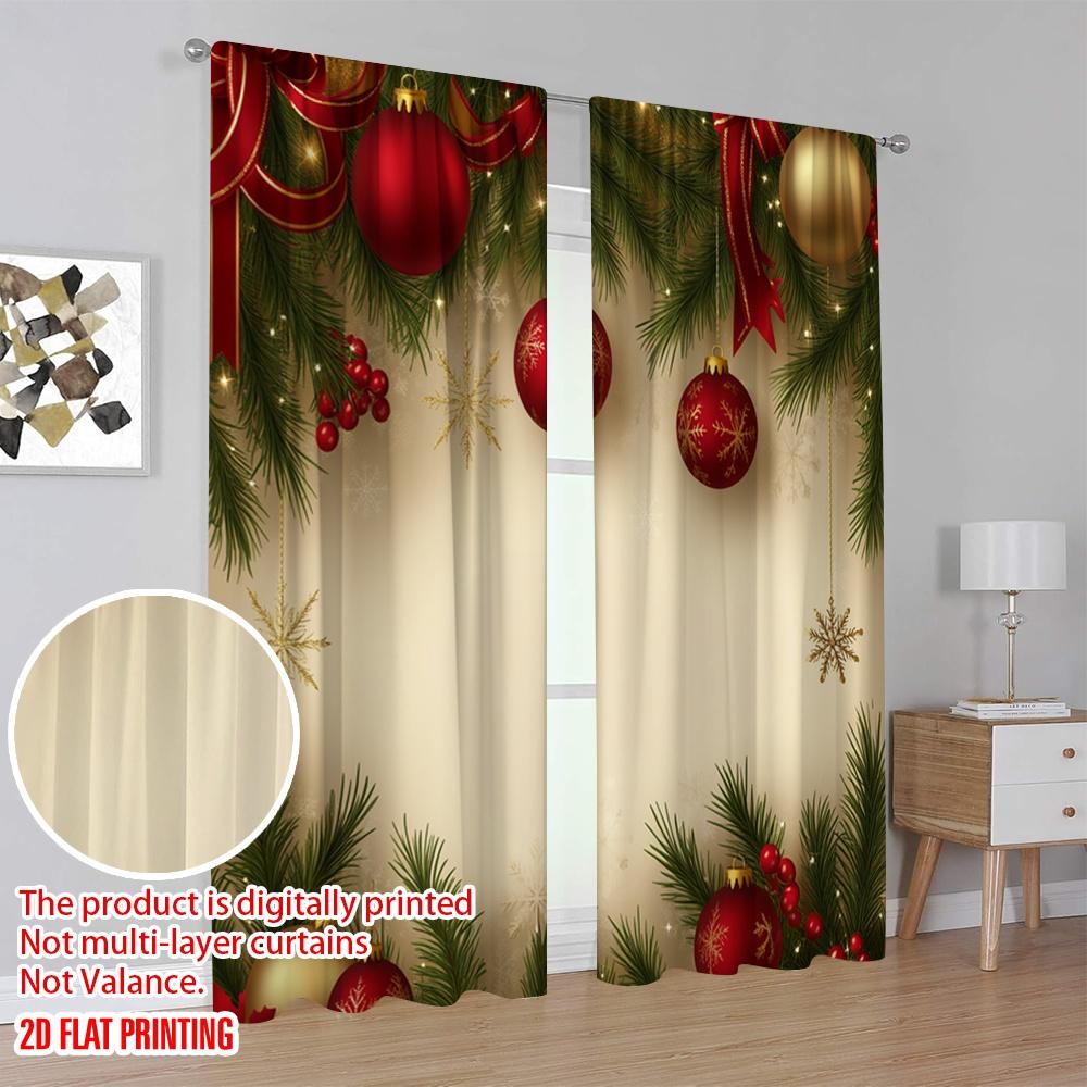2pcs,2D Plane Printing Contemporary Curtains Christmas Baubles Fir Branches Snowflakes Versatile Durable Polyester (without Rod)