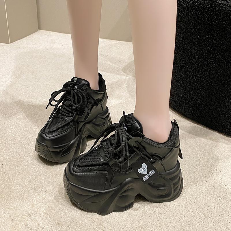 Fashion 9.5CM Women Platform Sneakers Lace-up Autumn Sports Dad Shoes High Top Chunky Casual Shoes Woman Thick Bottom Mesh White Shoes
