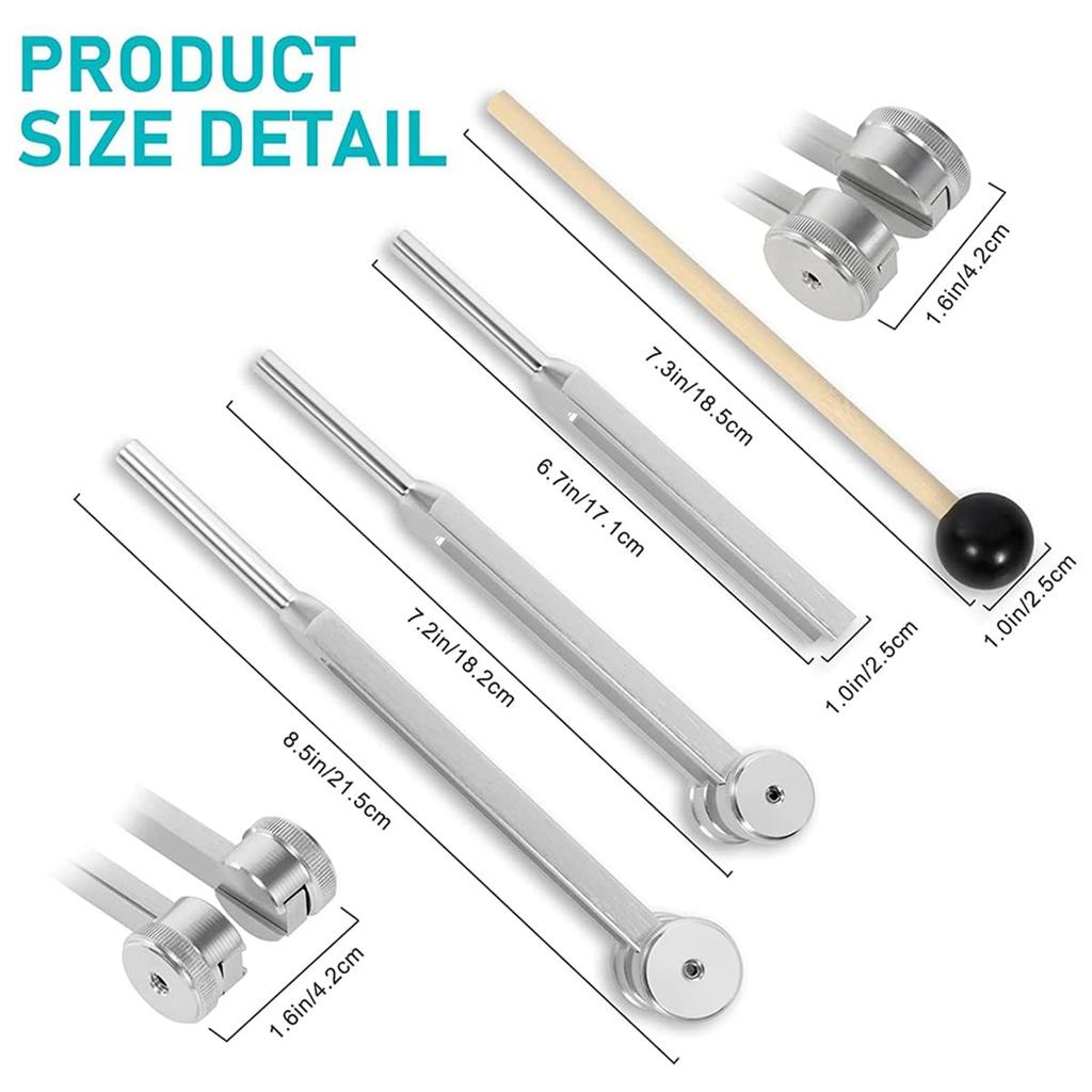 Ahvqevn 4 Pack Tuning Fork Set with Tuning Fork Hammer for Sound Sound Vibration Tools with Silver (128Hz, 256Hz, 512Hz) Base,