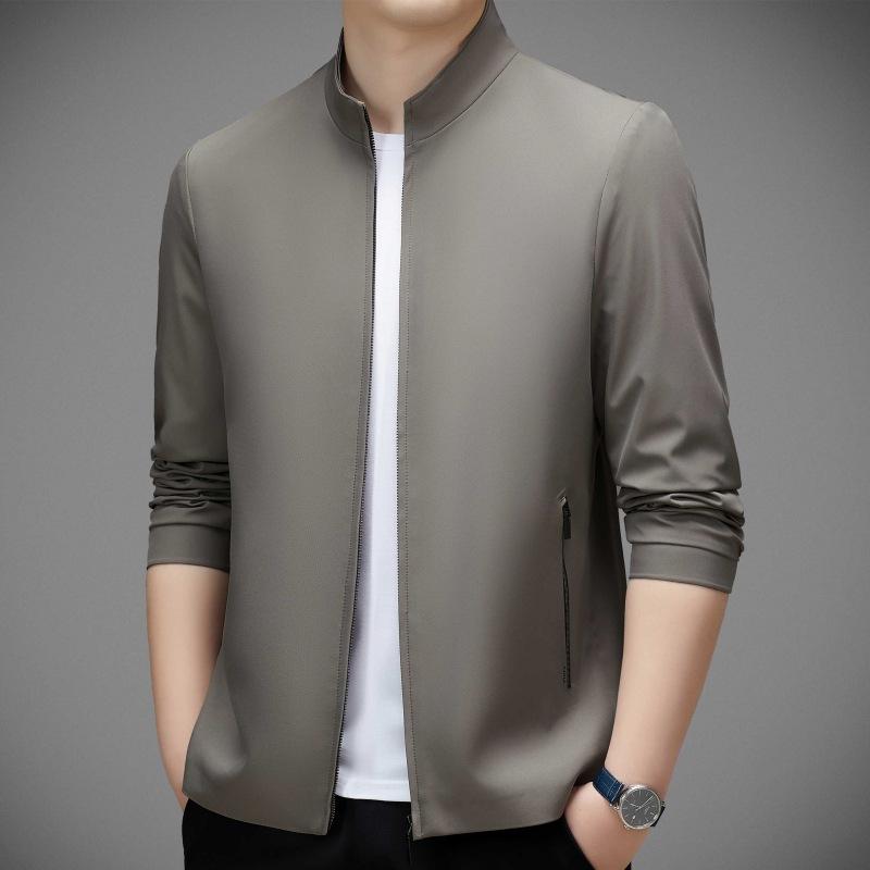 Frühlings- und Herbst-Maulbeerseidenjacke Herren Mittleren Alters und Alter Dad Freizeit-Oberteil Locker Stehkragen Dünne Herrenjacke