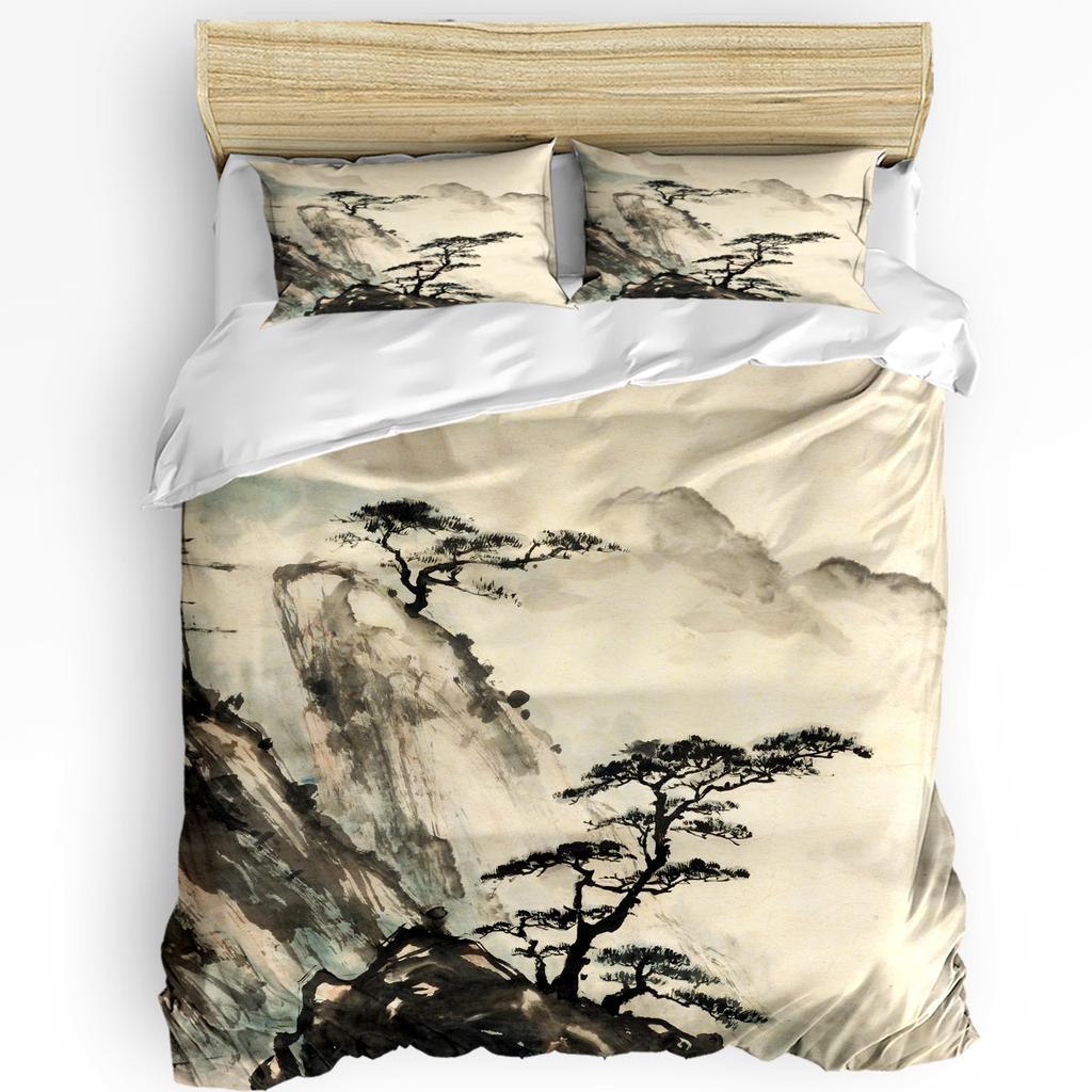 Vibrant Trendy Landscape Ink Painting Chinese Style 3pcs For Bedroom Bed Home Textile Double Quilt