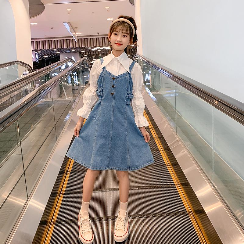 Girls' Spring 2025 Denim Skirt & Shirt Set - Big Kids Korean Style Two-Piece Overalls