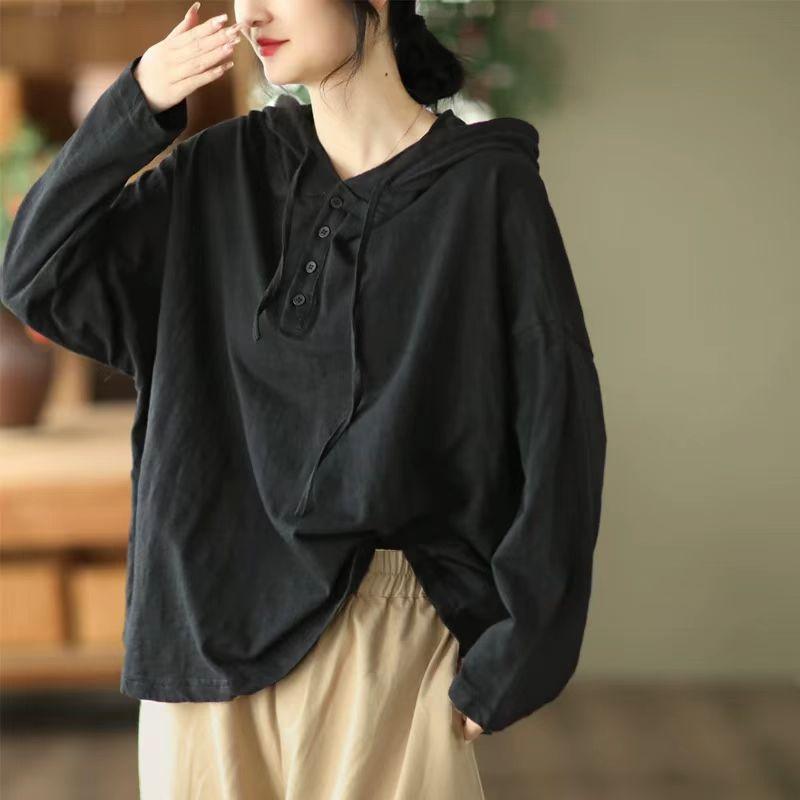 

Johnature Vintage Personality с капюшоном однотонные свободные рубашки женские осенние повседневные рубашки с длинными рукавами XL чёрный