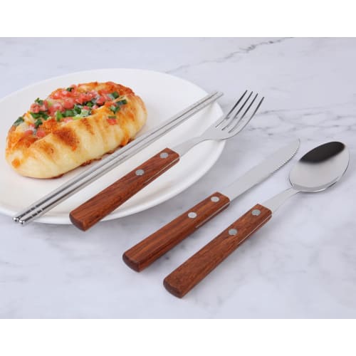 KXLCGYK 5-Piece Cutlery Set, 18-8 Stainless Steel with Wooden Handle, Spoon, Hollow Chopsticks, Fork, Knife, and Storage Bag, Portable for Camping, BB